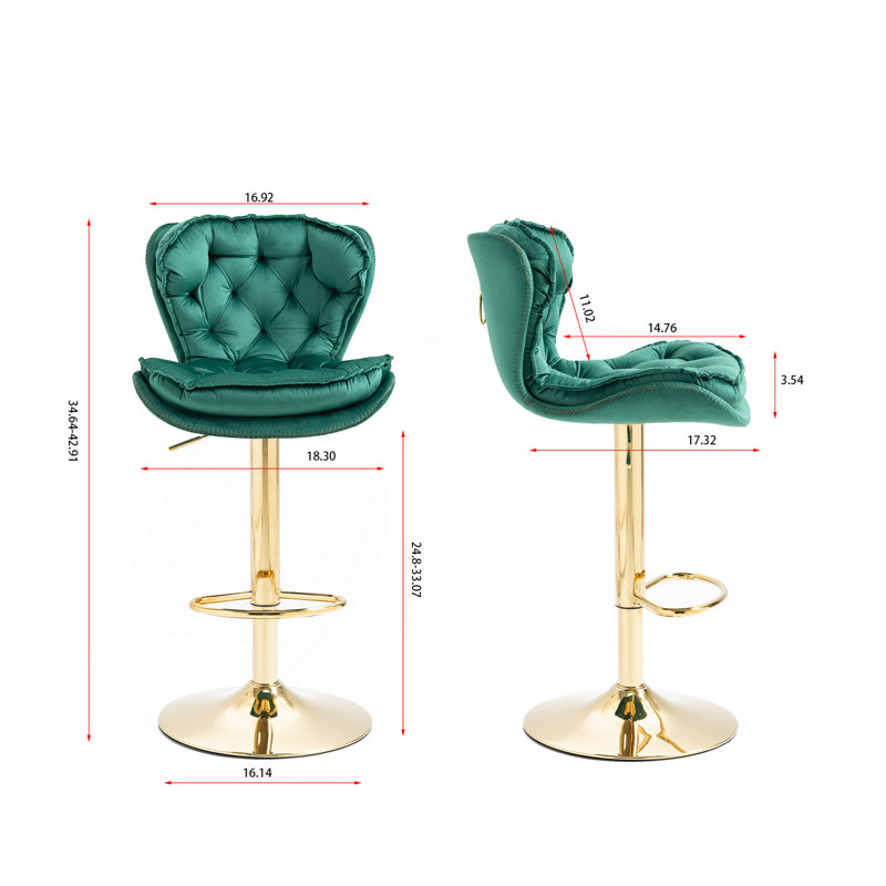 Set Of 2  Bar Stools,With Chrome Footrest And Base Swivel Height Adjustable Mechanical Lifting Velvet + Golden Leg Simple Bar Stool-Grey