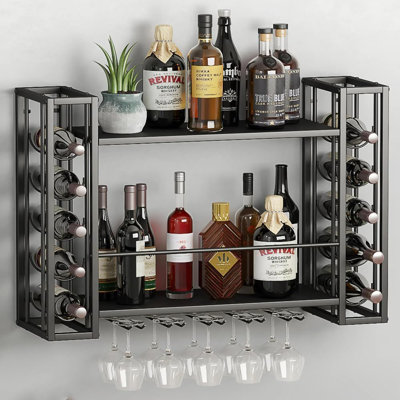 Wall Mounted Wine Rack, Wine Rack Wall Mounted With Wine Glass Rack, 2-Tier Multi-Functional Shelf For Home Restaurant Bar Storage Rack (Black, 48" W X 9.8" D X 21.6" H)