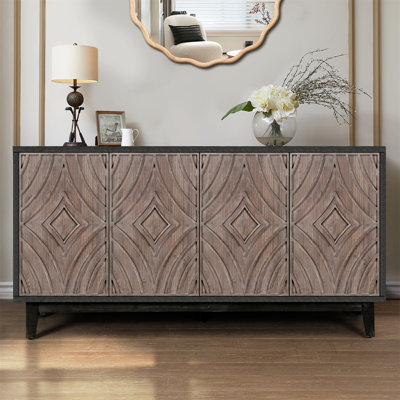 Buffet Mid-Century Buffet avec pieds en bois massif 60 po Armoire de rangement crédence avec 4 portes en losange à motif convexe et 2 tablettes console pour salon, etc.