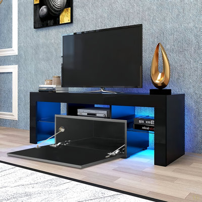 Meuble télé à DEL pour téléviseur de 55 po ou moins, centre de divertissement moderne avec porte en duvet, tablette en verre et façade UV ultrabrillante, console télé pour le salon, la chambre à coucher.