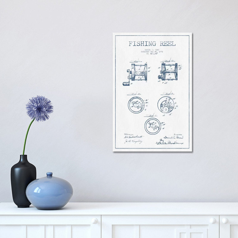 Samuel L. Bean Fishing Reel Patent Sketch (Ink) by Aged Pixel - Wrapped Canvas Print, 30.48 cm H x 45.72 cm W x 1.91 cm D