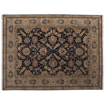 Tapis unique en laine noué à la main beige / noir / bleu de 9 pi x 11 pi 1 po
