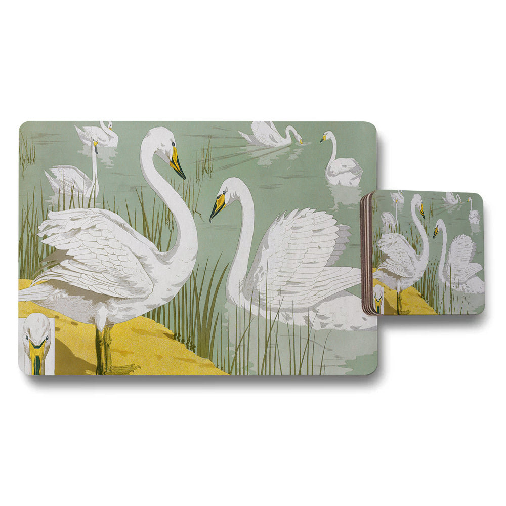 White Swan Placemat and Coaster Set With Swans on Green Artwork
