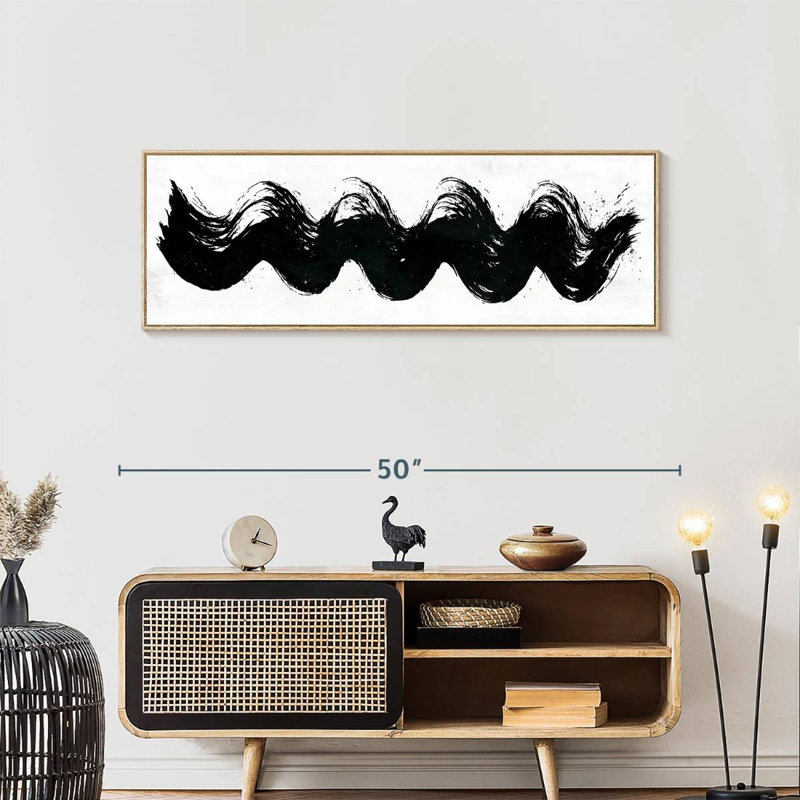 Vagues abstraites, 57 po x 19 po, Cadre flottant en bois naturel