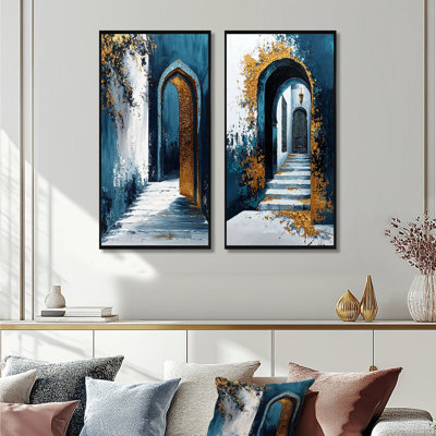 Ensemble de 2 pièces dorées et bleues de la Kasbah de Rabat «I» du Maroc