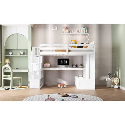 White Full Loft Bed With Desk, Shelves, Two Drawers & Robust Dependable Storage Staircase Size And