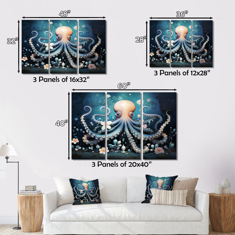 Ensemble de décoration murale Ethereal Octopus In Deep See Illustration I - Animaux Octopus, H 28 po x l 36 po x P 1 po