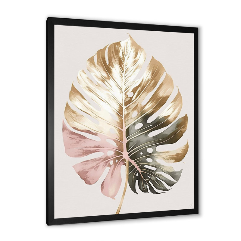 Feuille de philodendron doré et blanc II - reproduction sur toile, Impression noire sur toile encadrée