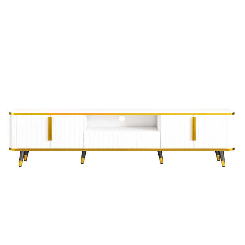 Meuble télé 85 po avec tiroir, blanc et doré, grand espace de rangement 80-89 po, garniture dorée, tiroir, Blanc