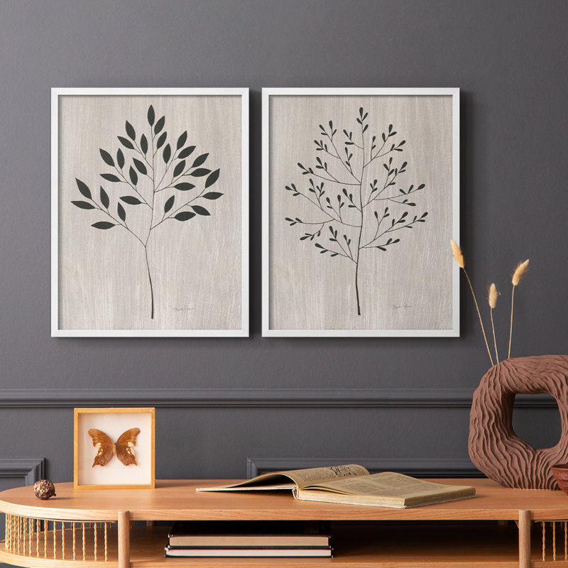 Feuilles et bois I - impression encadrée de qualité supérieure - prête à être accrochée - aucun clou requis - aucun clou requis