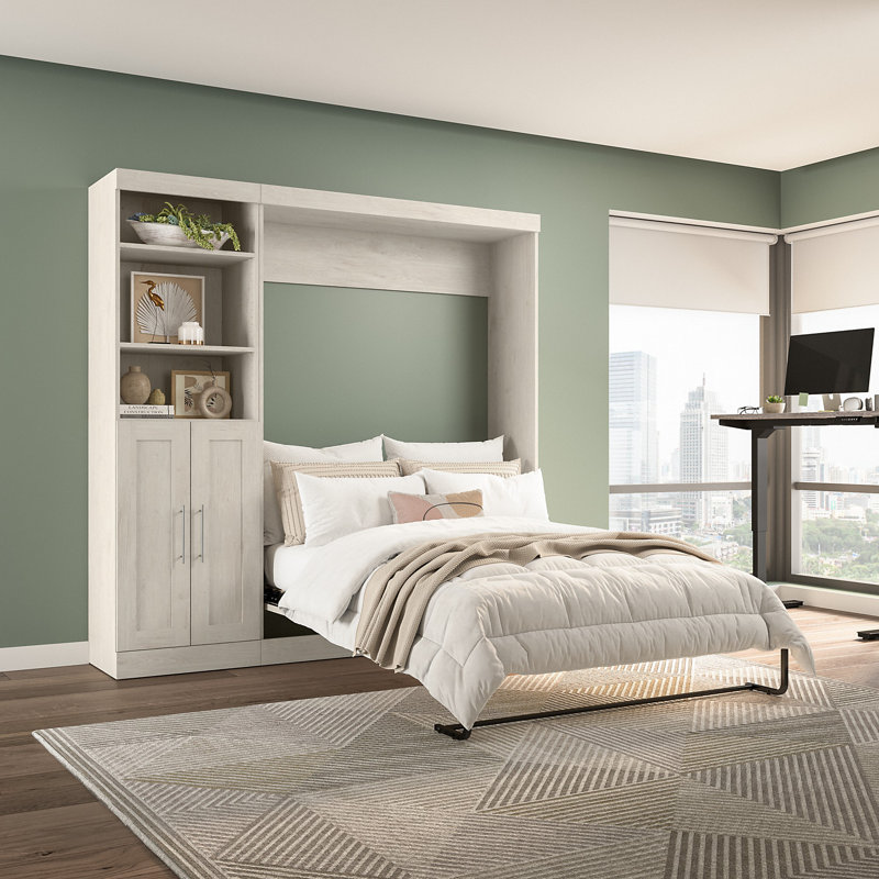 Arlex Bed and Storage Unit with Doors (89W), Linen White Oak, Queen