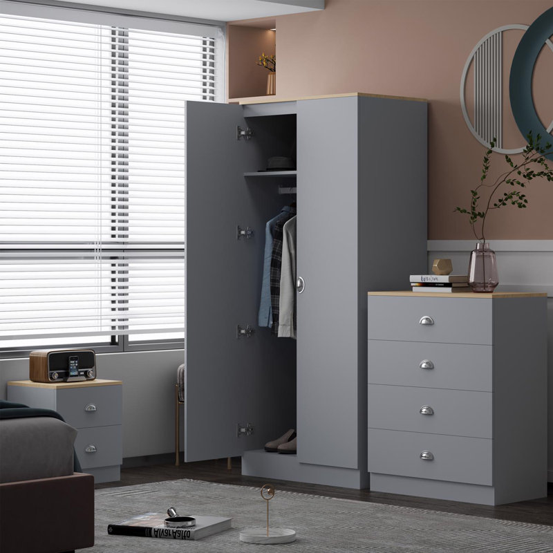 Lyal Esher 2 Door Double Wardrobe - Matt Finish, Oak Effect Top. Polished Chrome Cup Handles, Grey