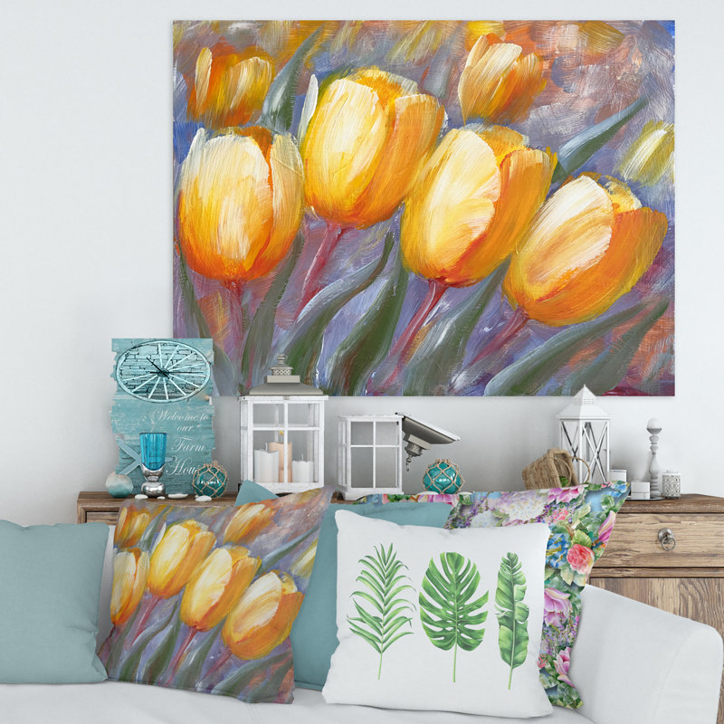 Tulipes jaunes en fleurs - Peinture sur toile, Toile tendue, H 16 po x l 32 po x p 1 po
