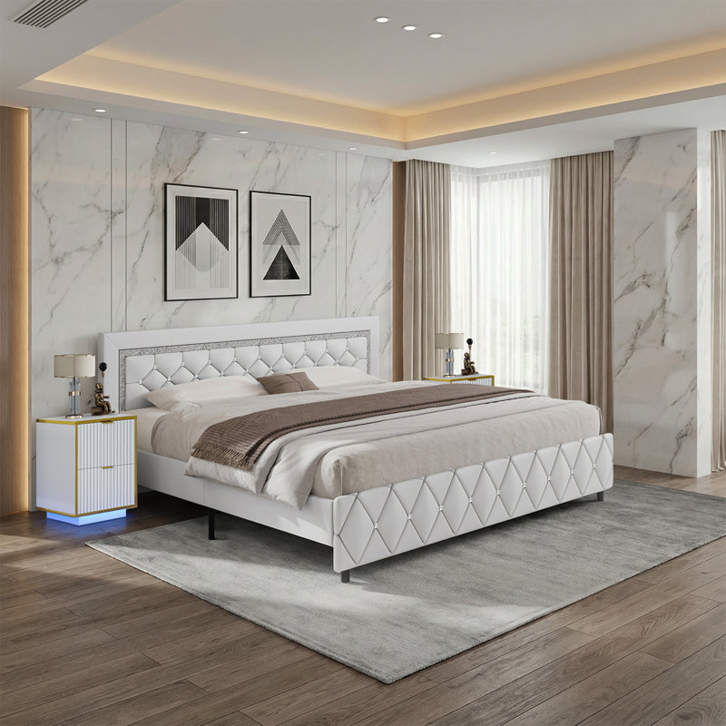 3 PC Faux Leather Diamond Tufted Platform Bed Set ,Bed Frame With Set Of 2 Modern Led End Table., White, King