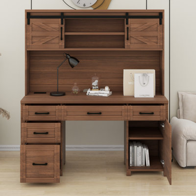 Sliding Barn Door Executive Desk with Hutch & Charging Station, Home Office Computer Desk with 5 Drawers and Storage Cabinet