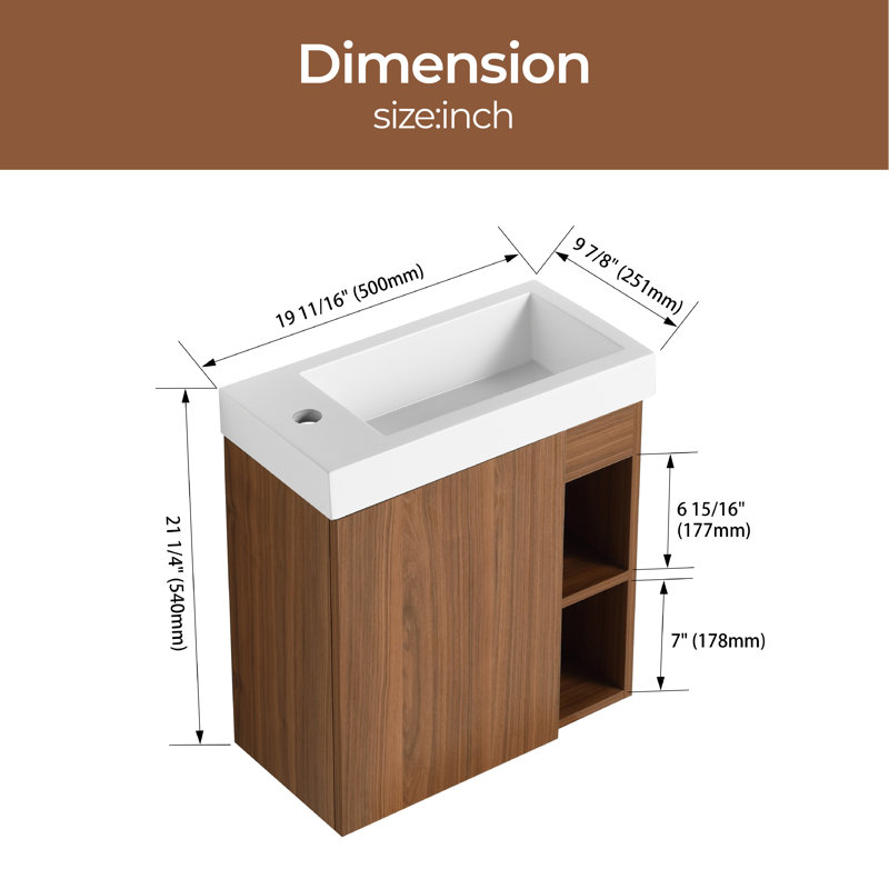Ensemble de meuble-lavabo simple 19,70 po avec plateau en résine Ilsemarie, Blanc, Noyer