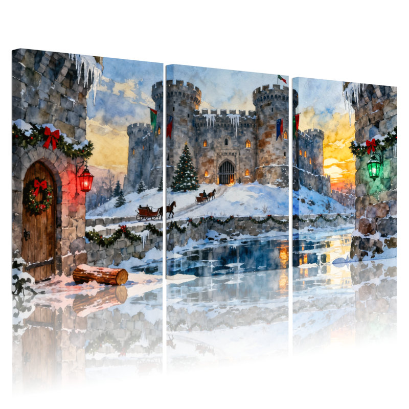 «Christmas Winter Castle Christmas Scene», ensemble de 3 reproductions d'art sur toile, H 30 po x l 60 po