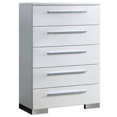 Commode 1 pièce cinq tiroirs à queue d'aronde anglaise de style contemporain avec poignée et pieds chromés, roulement à billes en métal, revêtement ultrabrillant