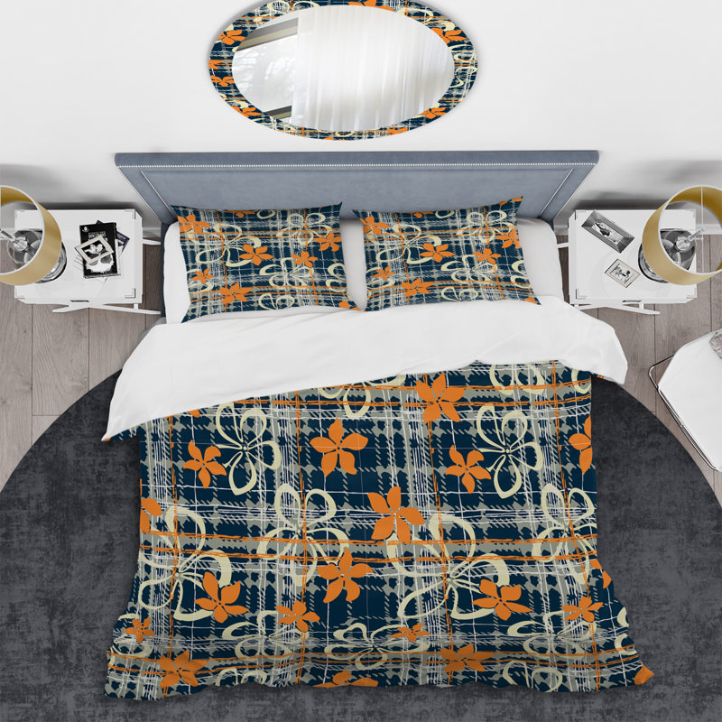 Ensemble de housse de couette à motif de fleurs orange, Housse de couette pour grand lit et 2 taies décor