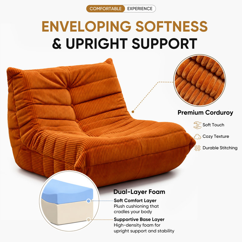 Fauteuil à billes sans accoudoirs Boneless Lazy, 35.4" x 37.8" x 27.5", Corduroy Orange