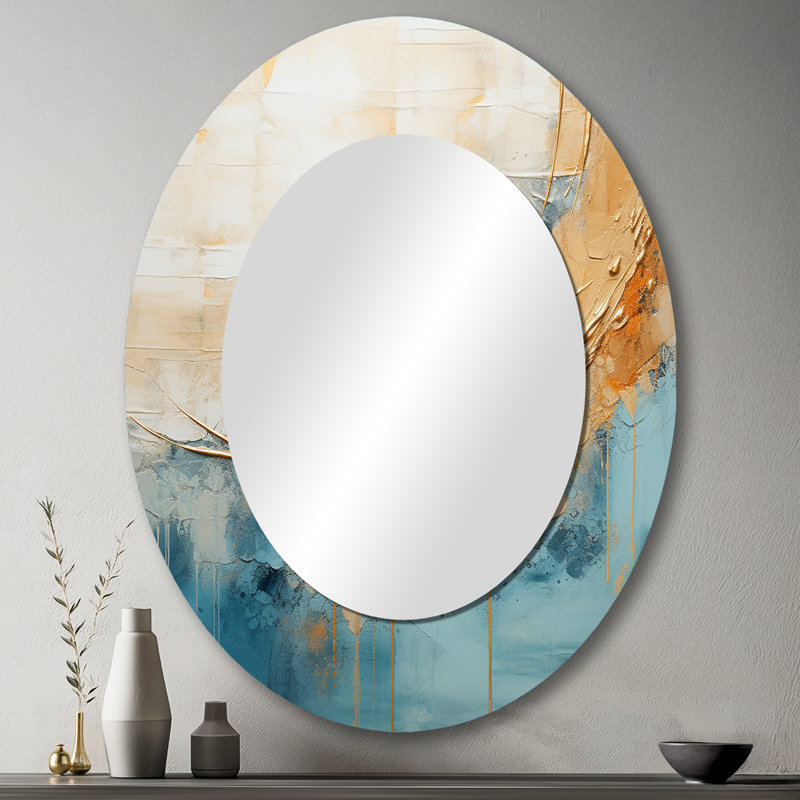 Gold And Blue Paint Fusion I - Abstract Oval Decorative Mirror On Metal, 43" x 33"