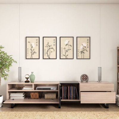 Meuble télé 71 po pour téléviseur de 80 po, portes rabattables, tablette réglable, trous pour câbles, finition bois