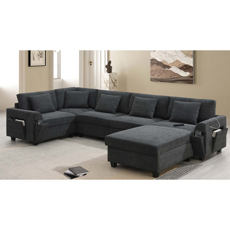 Canapé modulaire rembourré avec rangement pour accoudoirs cachés 6 pièces Caelora, Noir