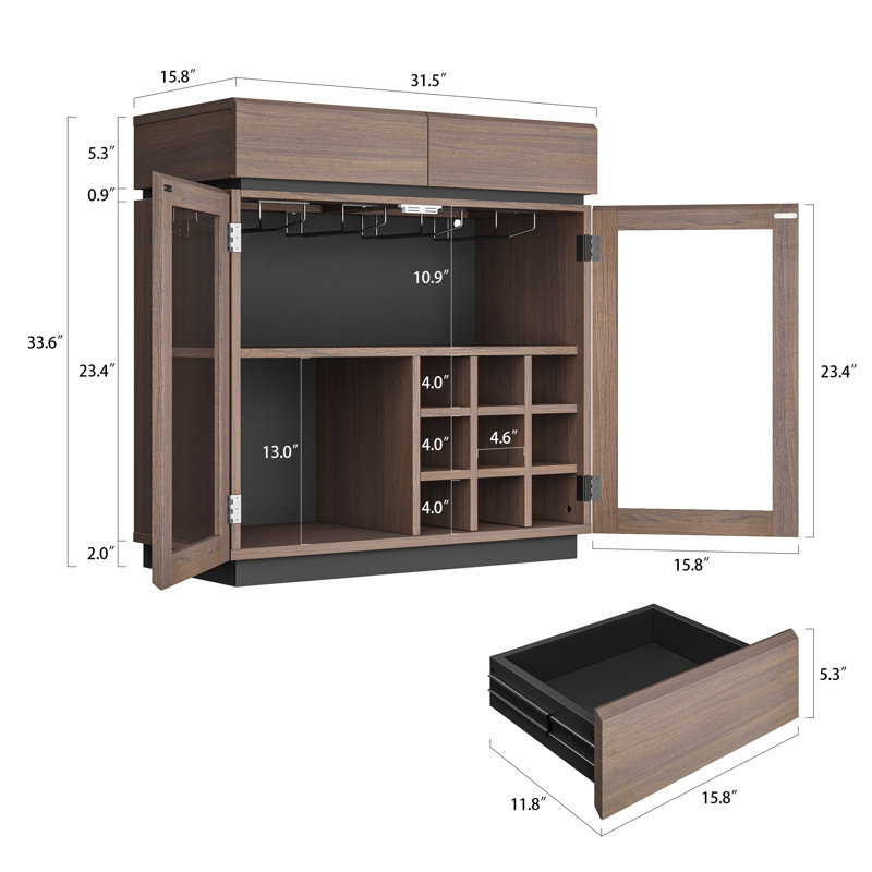 Mini Wine Bar Cabinet With Led Lights, Wine Storage Cabinet With Removable Wine Rack, Glass Holders, 2 Drawers, Charging Ports, Modern Bar Coffee Station Whiskey Liquor Cabinet For Home And Office