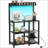 HOMCOM Baker's Rack with Power Outlet and LED Lights, Bakers Racks for Kitchens with Storage, Industrial Microwave Stand with Glass Holders, Metal Basket, Multiple Shelves, Rustic Brown-824532093
