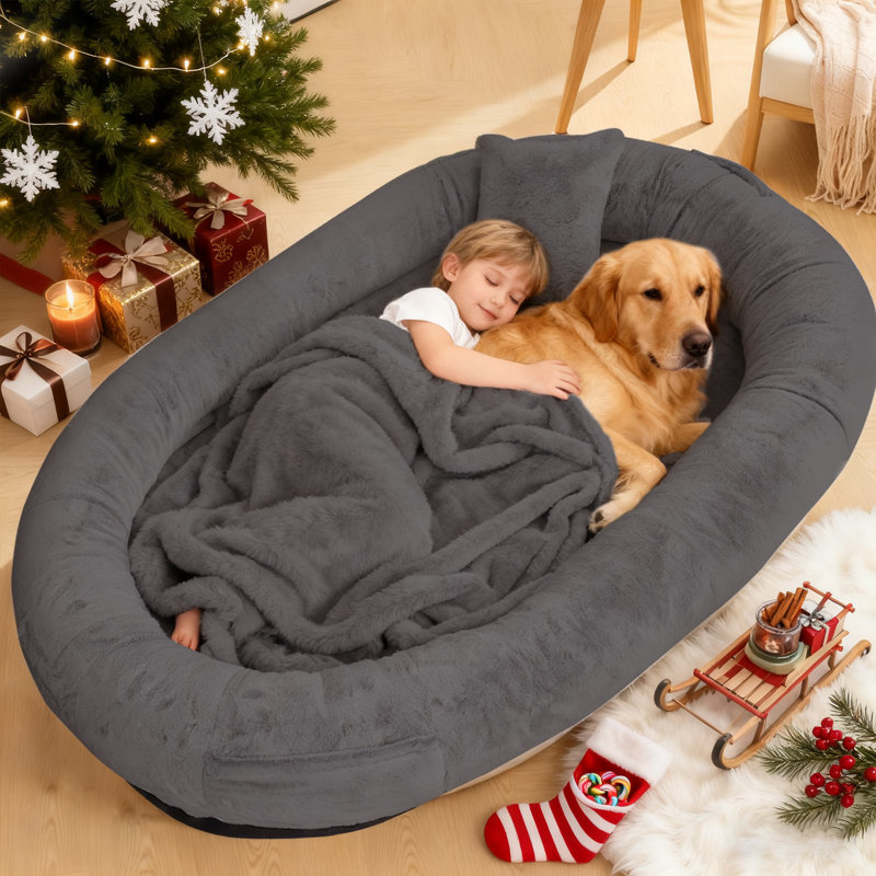 Très grand lit pour chien 71 po pour adultes avec couverture et oreiller 71 po, Gris foncé