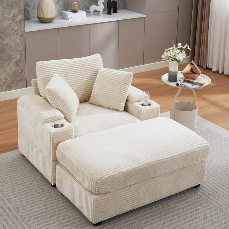 Boneless Oversized Chaise Lounge Indoor with Movable Ottoman and Cupholders, Corduroy Lounge Sofa Chair, Comfy Reclining Deep Seat Lounge Couch for Living Room