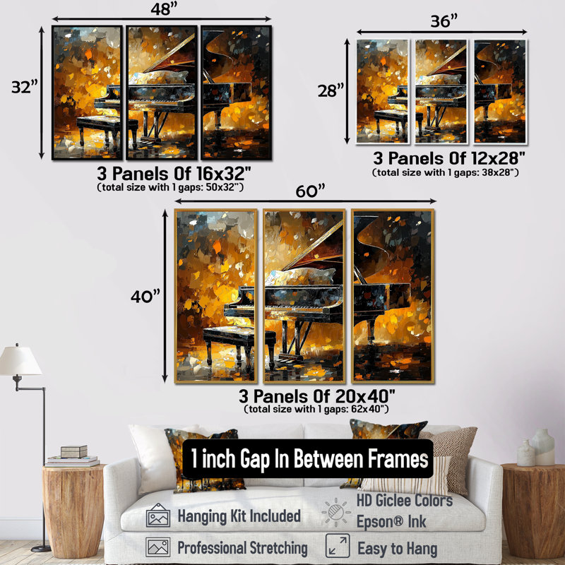Ensemble de décorations murales Orange Piano noir sur scène IV, H 28 po x l 36 po x P 1 po, Toile avec cadre flottant noir