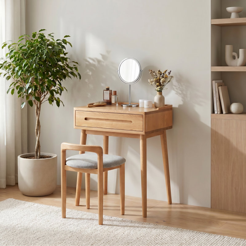 Lumi 23.6"W Compact Modern Small Oak Makeup Vanity Set With Storage Drawer, Yes
