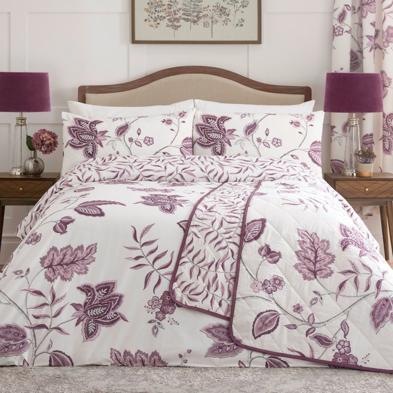 Polyester Floral Duvet Cover Set with Pillowcases, Kingsize Duvet Cover + 2 Standard Pillowcases, Plum