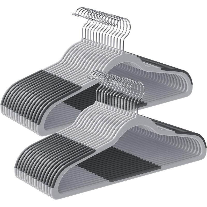 Paquet de 50 cintres en plastique, économisant l'espace, 0,2 po d'épaisseur, 17,7 po de largeur, crochet pivotant à 360 °, gris clair et gris foncé