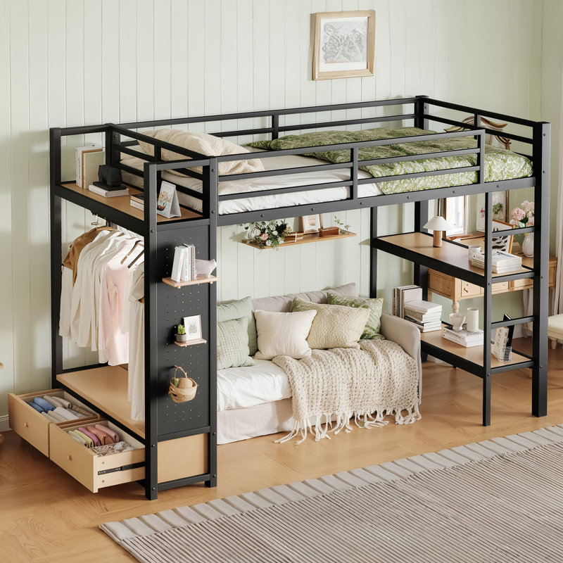 Lit mezzanine simple TG en métal avec garde-robe, tablettes de rangement et panneau perforé - cadre noir peu encombrant