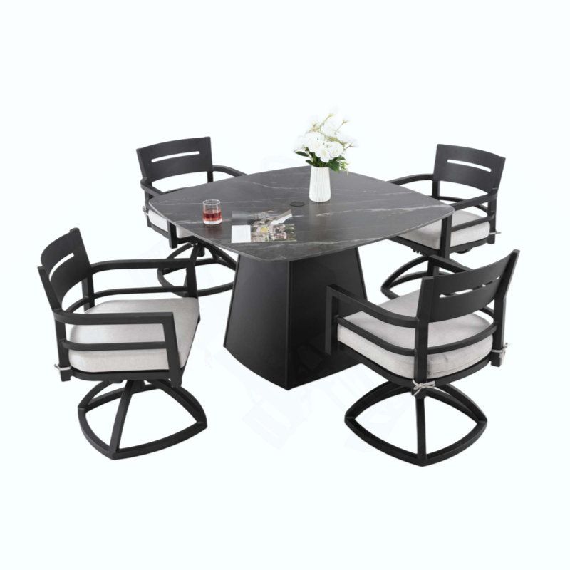 Ensemble de salle à manger à piédestal d'extérieur 5 pièces, table carrée en métal fritté arrondi avec base évasée et 4 chaises berçantes pivotantes, coussins Sunbrella, aluminium antirouille, résistant aux intempéries, pour patio ou terrasse