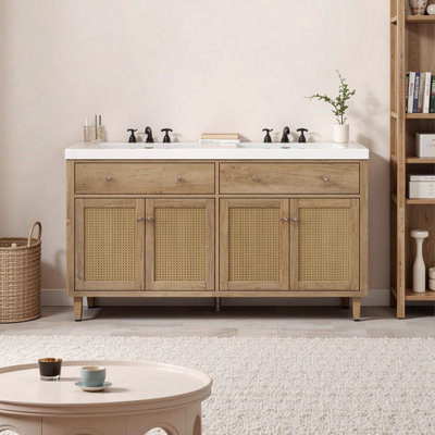 Meuble-lavabo double 60 po avec comptoir SMC, pieds en bois de pin, portes à fermeture en douceur et plateaux rabattables, finition bois