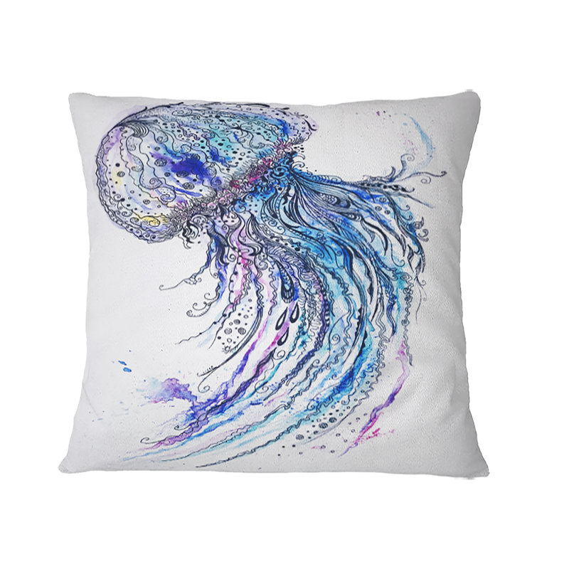 Jelly Fish Watercolor - coussin imprimé animal, 16 po x 1 po, Coussin décoratif