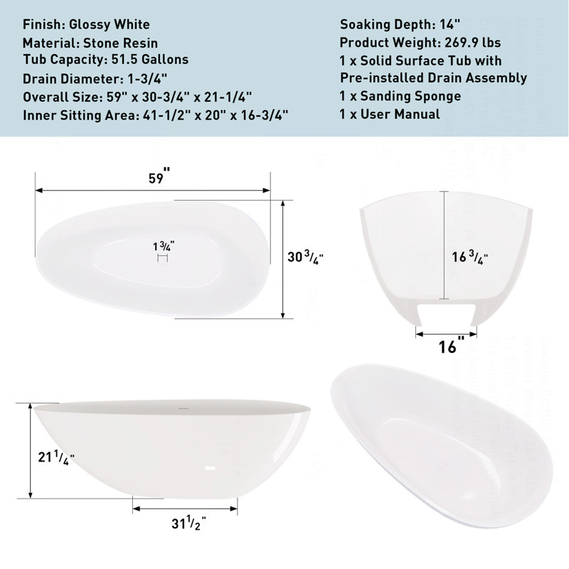 59" Freestanding Solid Surface Bathtub, Luxury Handcrafted Stone Resin Freestanding Soaking Bathtub With Overflow And Pop-Up Drain, 24S02-59MW