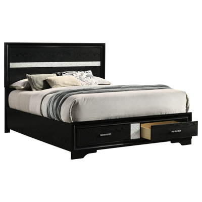 Grand lit à panneau noir avec poignées décoratives en cristal, tiroirs de rangement et cadre en bois, plateforme à lattes pour chambre à coucher