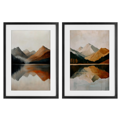 Terracotta Reflections Mountains and Lake 2pc, ensemble encadré sous verre, design par Petal Prints Design