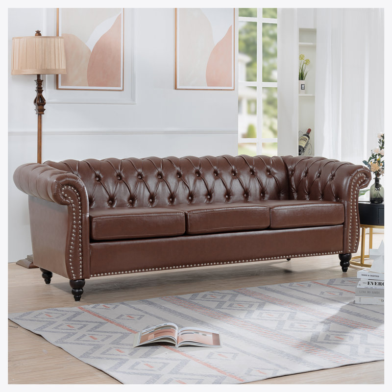 Elaiza 3-Seater Chesterfield Faux Leather Sofa with Rolled Arm, Black, Dark Brown 1, 29" H x 84" W x 32.5" D