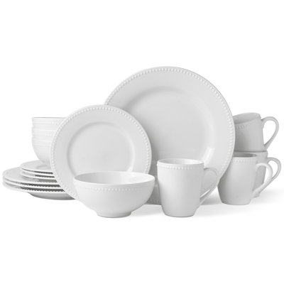 16-piece Porcelain Dinnerware Set With Beaded Rim, White Plates Bowl And Mug Set, Service For 4