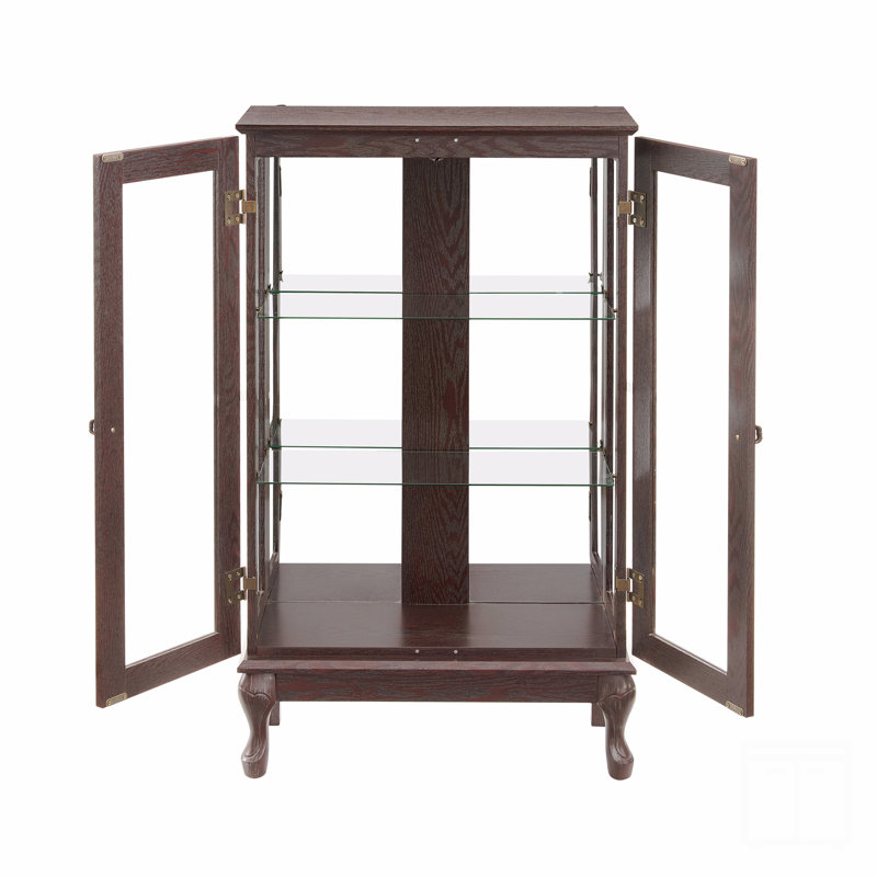 Cherry Cabinet With Tempered Glass Doors, Display Cabinet With Mirrored Back Panel & Adjustable Shelves