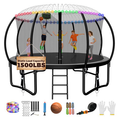 FIZITI 14FT Backyard Trampoline with Safety Enclosure, Basketball Hoop, Sprinkler, Lights,Outdoor Recreational Trampoline