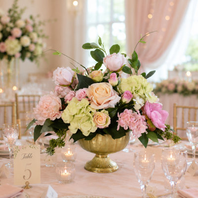 Pink Rose Peony and Hydrangea Silk Flower Arrangement In Gold Pedestal Bowl