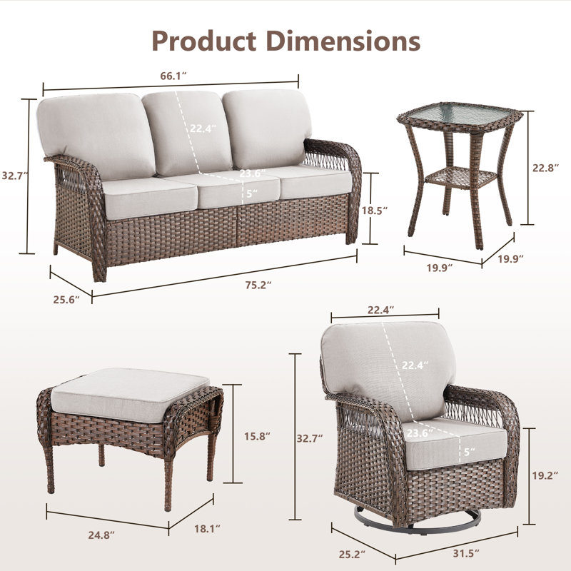 Ensemble de conversation d'extérieur en osier 7 pièces avec canapé, fauteuils pivotants, repose-pieds et tables d'appoint 7 pièces