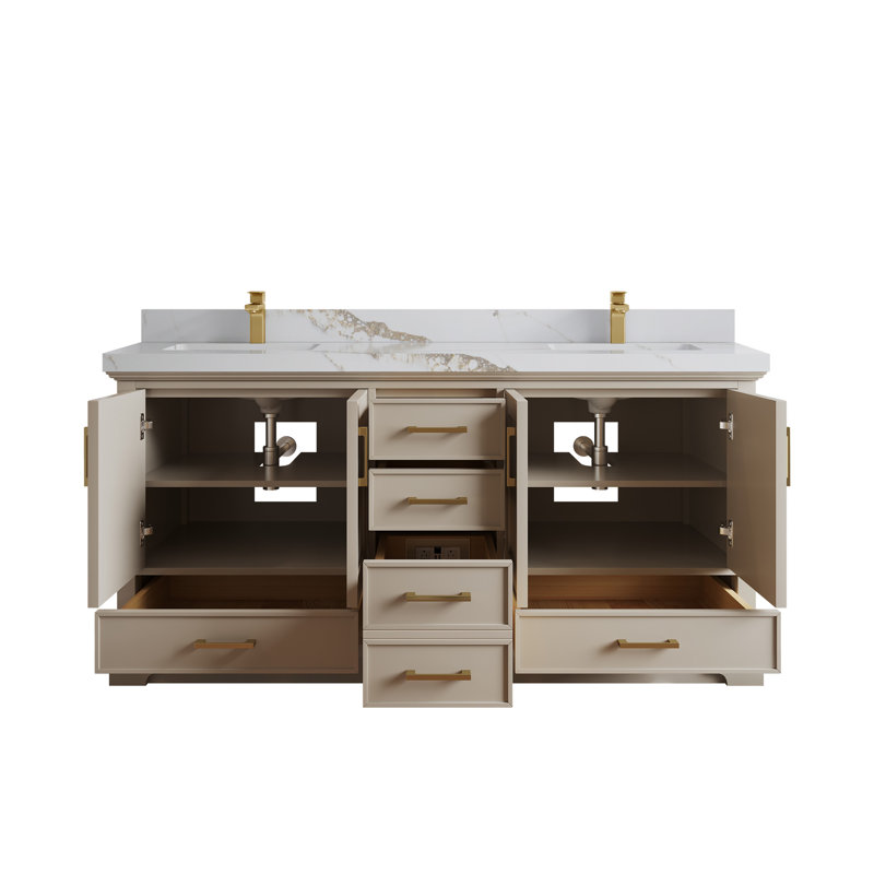 Meuble-lavabo double 72 po avec plateau Charlotte, Or Calacatta