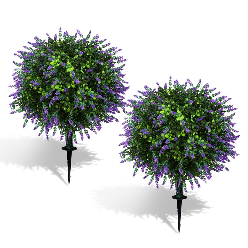 Artificial Lavender Flower Outdoor, 2 Pack Artificial Boxwood Topiary Ball, Fake Plants Plastic Shrubs Faux Evergreen Greenery for Front Door Garden Indoor Home Decor